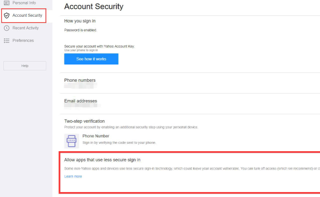 Yahoo Mail Permitir aplicaciones que usan información menos segura