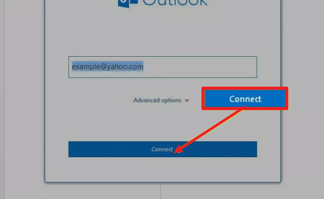 Ingrese su dirección de correo de Yahoo y luego seleccione Connect a Outlook
