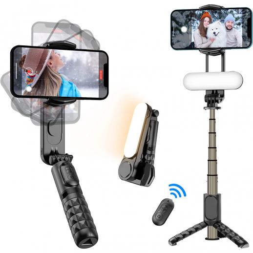 Teléfono inteligente de cardán con luz de fondo extraíble, selfie selfie y trípode retráctil, control remoto multifuncional, rotación automática de 360 ​​°, compatible con iPhone Android