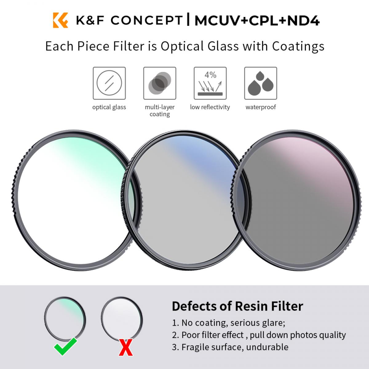 Un conjunto de filtros para una lente MCUV+CPL+ND4 de 67 mm con una tela para limpiar la lente y una bolsa de filtro