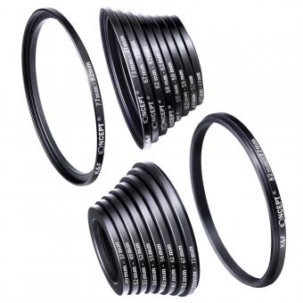 Un conjunto de 18 piezas de adaptadores para filtros, un conjunto de anillos de paso de metal para filtros de lentes de cámara (incluye 9 piezas de anillos de paso + 9 piezas de anillos de paso)